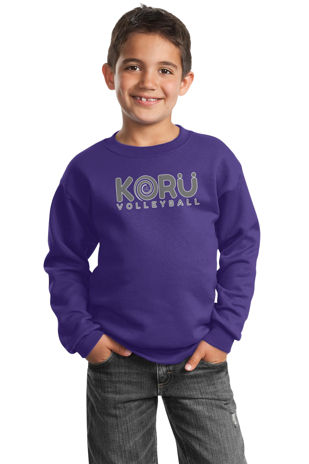 Youth Purple Port & Company PC90Y - Youth Core Fleece Crewneck Sweatshirt - Gray Logo with white outline